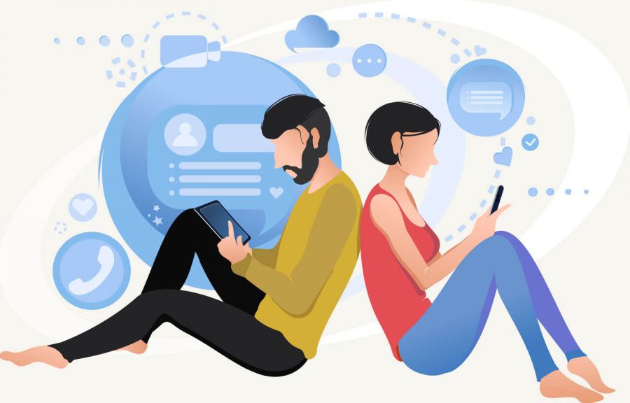 Illustration von zwei Personen die Rücken an Rücken an Ihren mobilgeräten sitzen