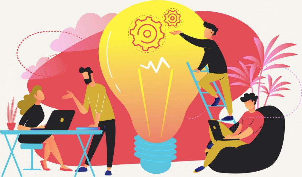 Illustration: 4 Personen entwickeln eine Idee